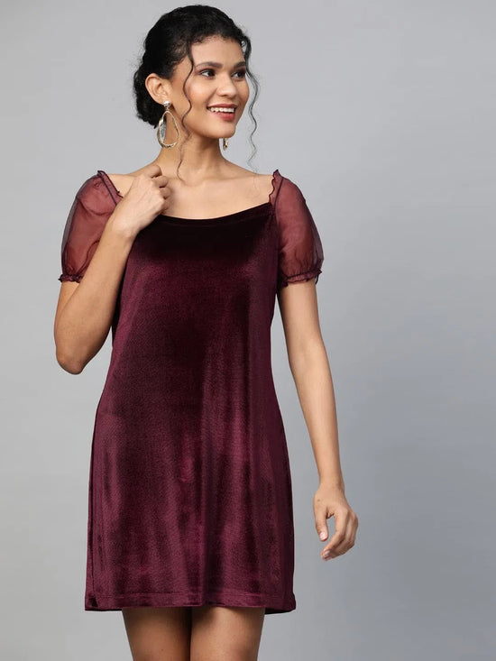 Burgundy Velvet Puff Sleeve Short Dress