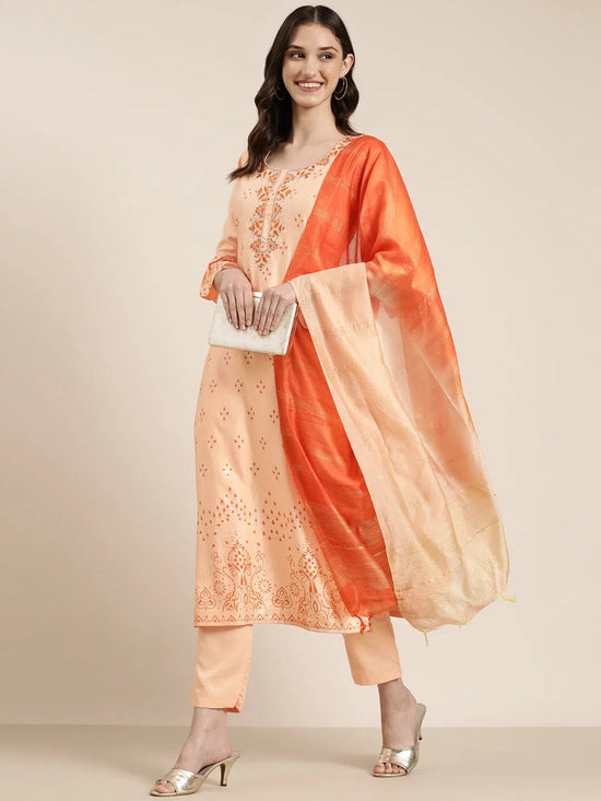 Women Peach Floral Kurta Set-AN-014-Peach