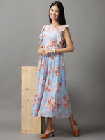 Women's Blue Floral Fit and Flare Dress-AE-15731-Blue