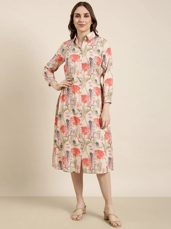 Women Beige Floral Shirt Dress-DW-5658-Beige