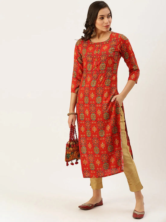 Women's Red Printed Straight Kurtas-GW-2445-Red