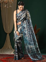 Saree Mall Women's Organza Charcoal Grey Printed Designer Saree With Blouse Piece-TISU105