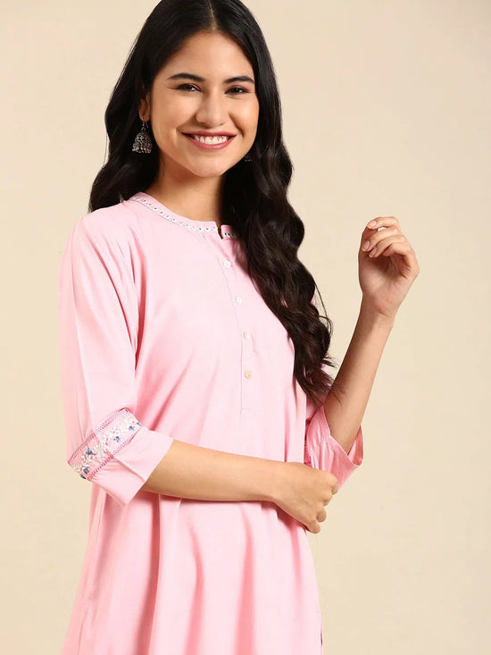 Women's Pink Printed Straight Kurta-DF-1387-Pink