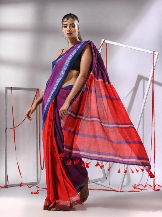 Purple Cotton Patli-Pallu Saree With Sripe Designs And Dual Border-MA55CT06540081