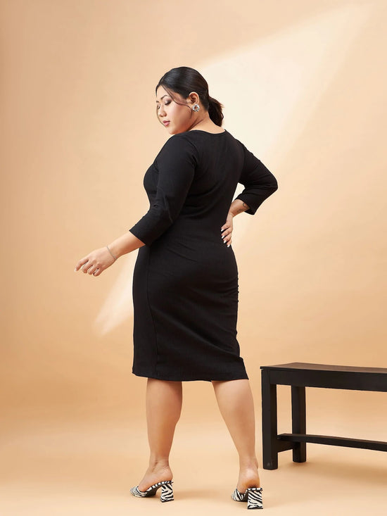 Women Black Rib Square Neck Dress