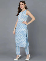 Ahika Women Blue Cotton Printed Straight Kurta Pant Set With Dupatta-VKSKD1454_XS