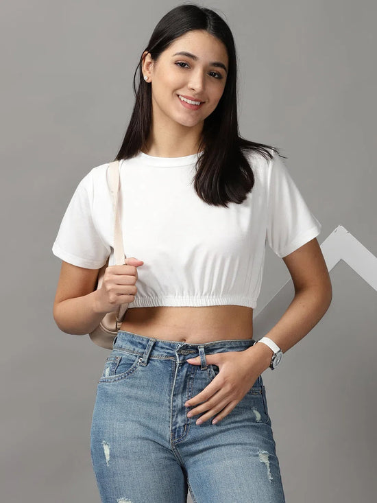 Women's White Solid Cinched Waist Crop Top-AE-10504-White