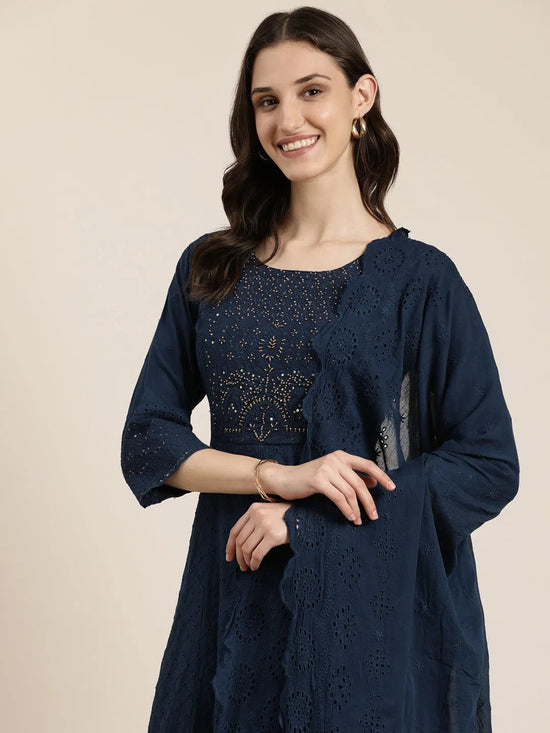 Women Navy Blue Solid Kurta Set-GW-2997-Navyblue