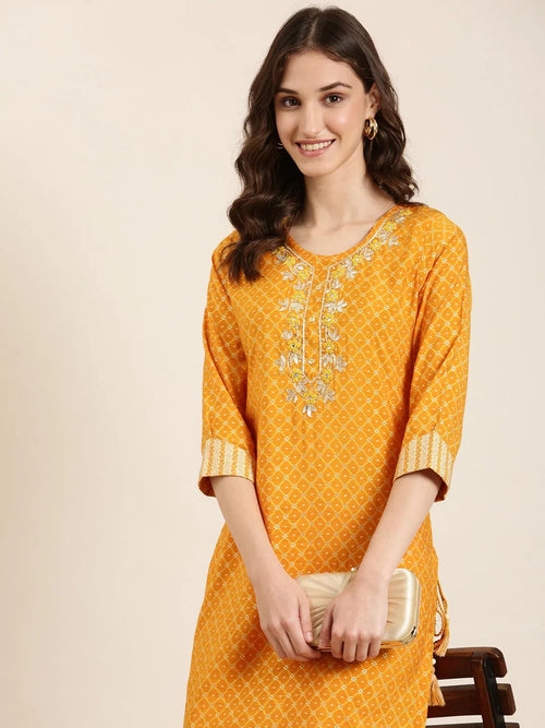 Women Mustard Printed Straight Kurta-AT-A830-K-Mustard