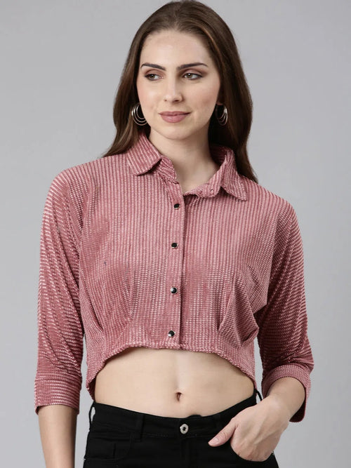 Shirt Collar Kimono Sleeves Self Design Mauve Crop Top-AE-831-Mauve