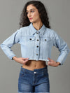 Women's Blue Solid Denim Jacket-AE-9505-Blue