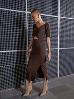 Women Brown Side Slit V-Neck Rib Midi Dress