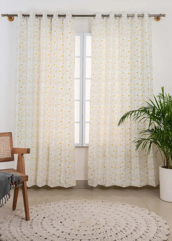 Drifting Dandelion 100% cotton floral curtain for kids room, living room - Room darkening - Yellow - Pack of 1-230422022