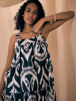 Women Black & White Ikat Loose Fit Strappy Tiered Maxi