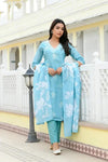 Vaasva Women Blue Kota Doria Embroidered Solid Kurta Set With Solid Pants & Printed Dupatta-144-Vaas-Blue