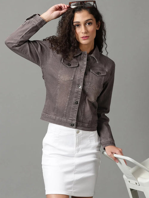 Women's Taupe Solid Denim Jacket-AE-9501-Taupe