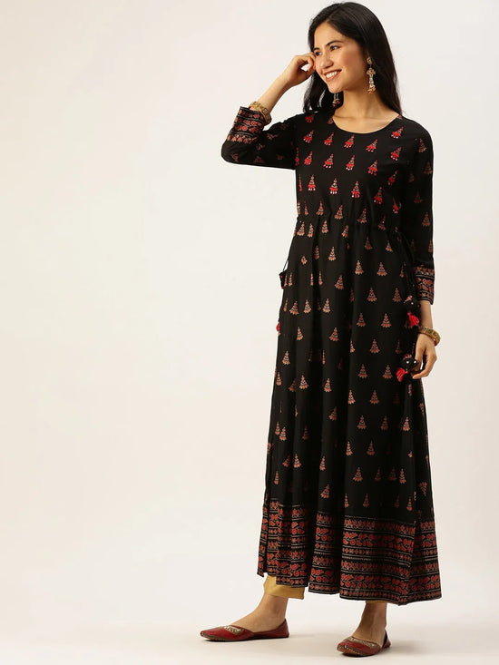 Women's Black Embroidered A-Line Kurtas-FS-2081-Black