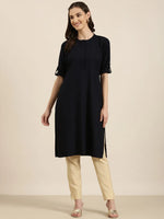 Women Navy Blue Solid Straight Kurta-DF-1356-Navyblue