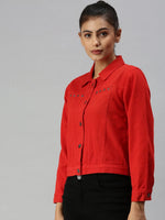 Women's Red Solid Denim Jacket Jackets-AE-999147-Red