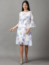 Women's White Floral Fit and Flare Dress-EA-1001-Whiteblue