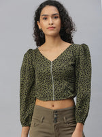 Women's Green Printed Tops-AE-10312-Oliveblack