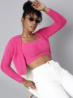 Women Solid Pink Crop Front-Open Sweater-CHN-3022-Pink