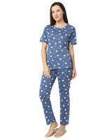 Smarty Pants Women's Cotton Lycra Blue Color Teddy Print Night Suit