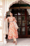 Vaasva Women Cream Organza Floral Print & Embroidered Anarkali Kurta, Pant & Dupatta set