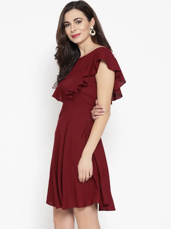 Frill sleeve deep back skater dress in Maroon