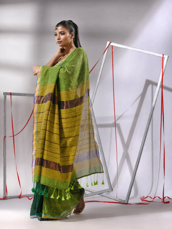 Green Cotton Saree With Sequine Work And Zari Stripe Pallu-MA55CT06520126