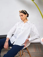 Women White Poplin Pearl Studded Shirt