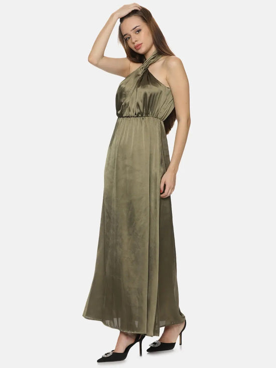 Solid Olive Halter Maxi Dress-17299