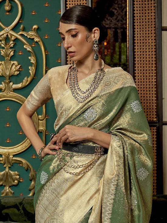 Saree Mall Women's  Blend Green Woven Design Designer Saree With Blouse Piece-KANISKA289004