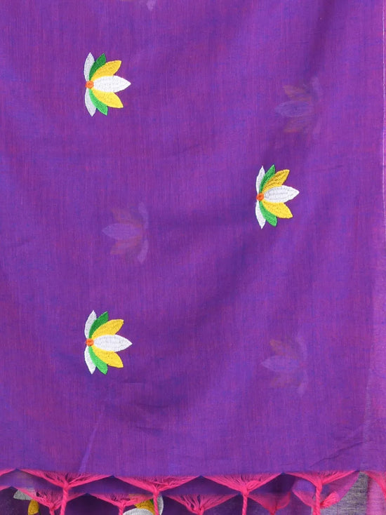 All Over Thread Embroidery Violet Cotton Handspun Saree-MA62CH33660054