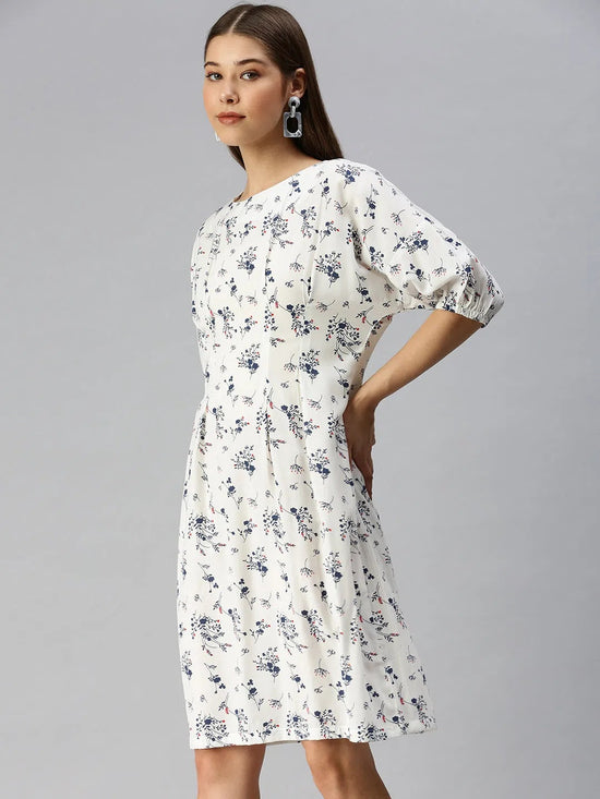 Women White Printed A-Line Dress-AE-9892-Whitenavyblue