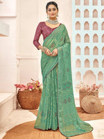 Saree Mall Women's Brasso Sea Green Printed Designer Saree With Blouse Piece-VENICBS40109