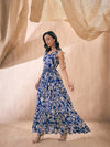 Women Blue Ikat Print Shoulder Tie Belted Tiered Maxi