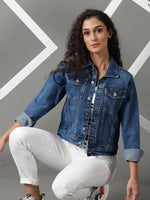 Women's Navy Blue Solid Denim Jacket-GZ-5502-Navyblue