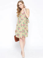 Overlap Rose Printed Dress with side tie up in Beige