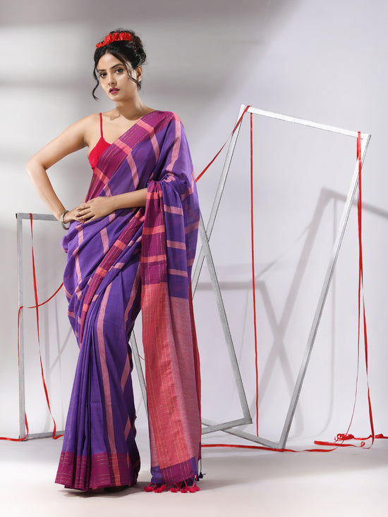 Blue Cotton Saree With Stripes Pattern-MA55CT06540089