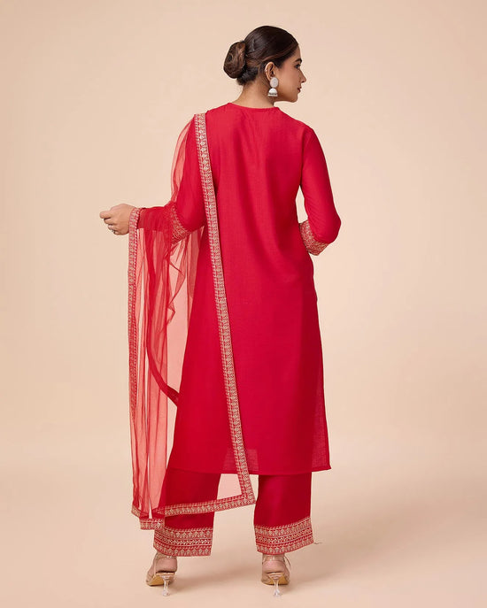 Avanshee Women's Latest Solid Red Cotton Blend Kurta, Pant With Embroidred Dupatta Set-ES-7542