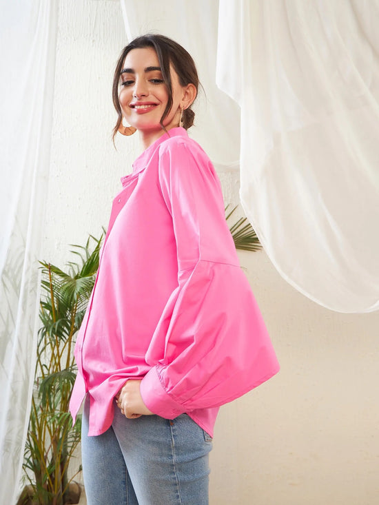 Women Pink Poplin Lantern Sleeves Shirt