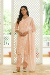 Vaasva Women Peach Linen Embroidered Solid Kurta Set With Solid Pants & Chiffon Embroidered Dupatta-142-Vaas-Peach