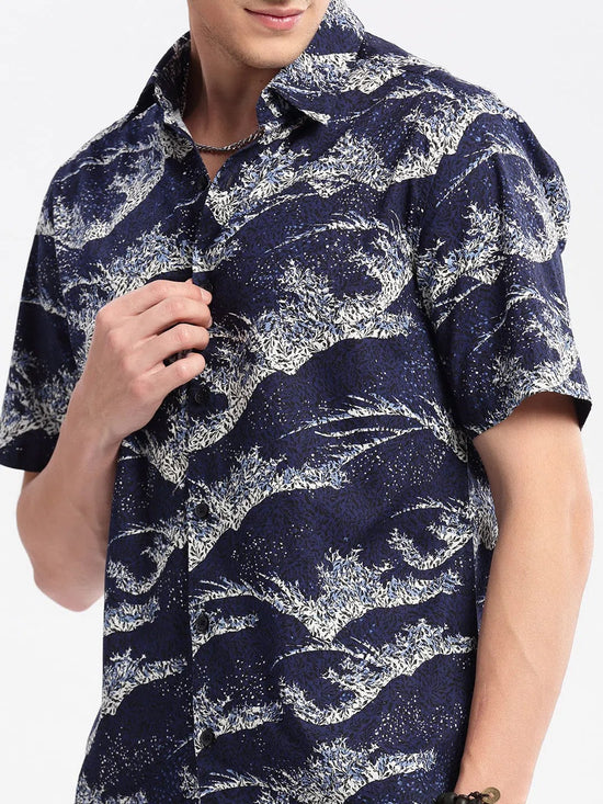 Men Spread Collar Floral Navy Blue Casual Shirt-HARVEN-2312-Navyblue