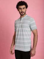 Venitian Men Henley Neck Striped Cotton Light Green T-Shirt