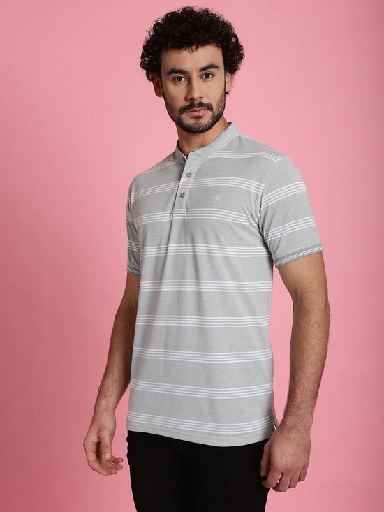 Venitian Men Henley Neck Striped Cotton Light Green T-Shirt