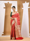 Red Silk Banarasi Saree With Ethnic Motifs And Woven Designs-MA53BSL441050023