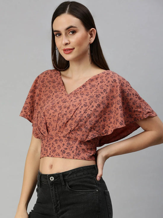 Women's Brown Printed Crop Tops-AE-10180-Brownnavyblue