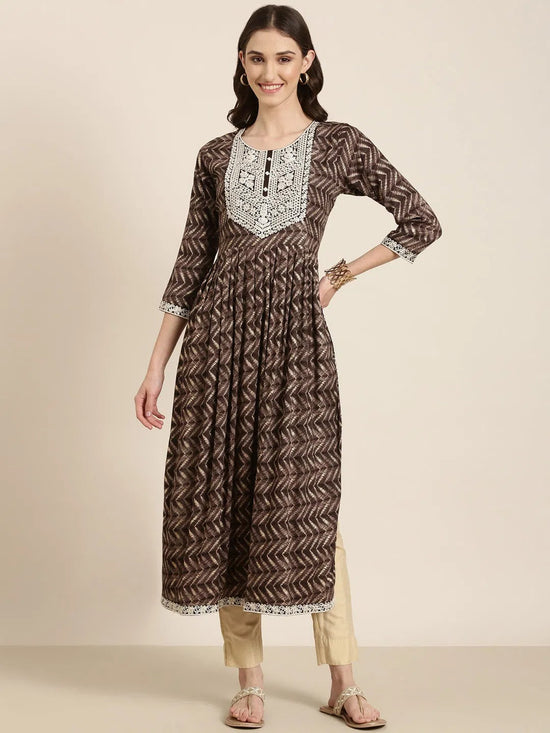 Women Taupe Printed Anarkali Kurta-SNG-7292-Taupe