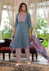 Teal Blue Ethnic Motif Printed Cotton Kurta, Pant And Dupatta Set With Zari & Thread Work-J4919OT3TEAL